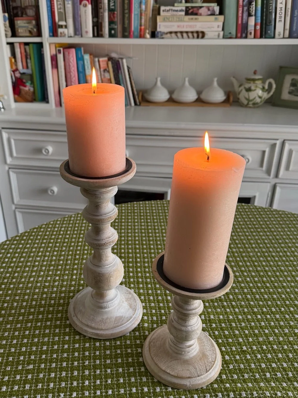 Pair of Whitewashed Wooden Pillar Candle Holders -Farmhouse 6” and 10”